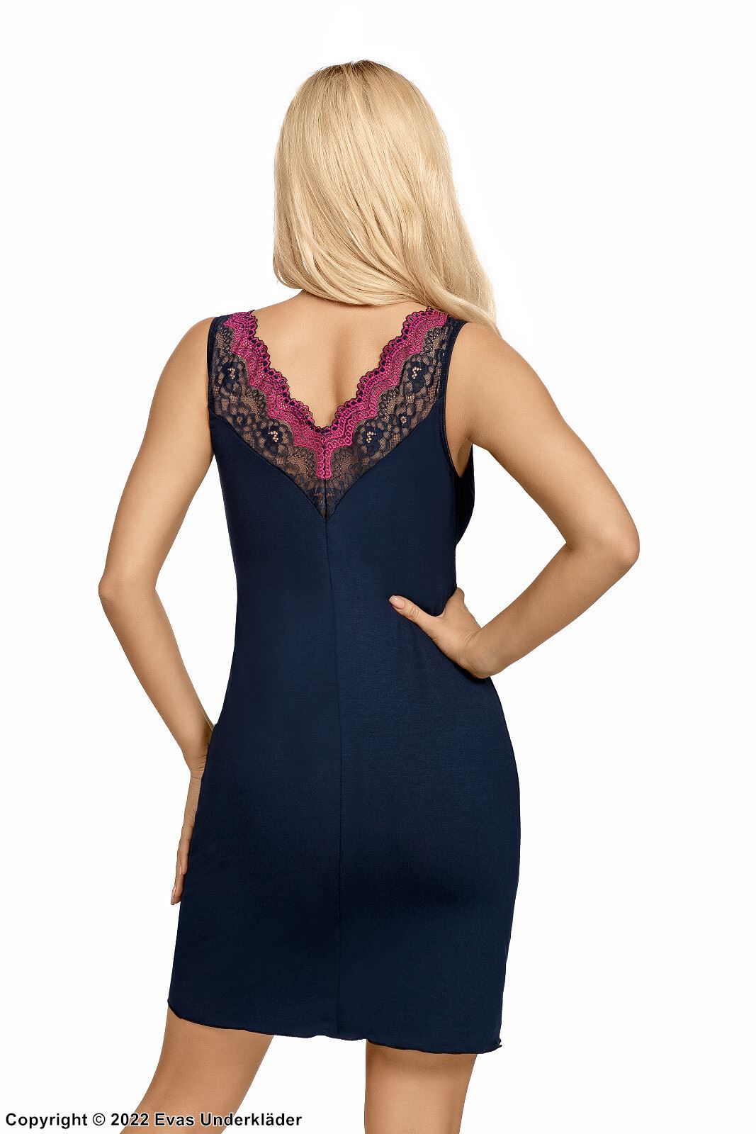 Romantic chemise, embroidery, lace inlays, V-neckline